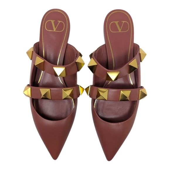 Valentino Garavani Roman stud leather pointed toe flat mule gold brown 38 - Picture 2 of 13